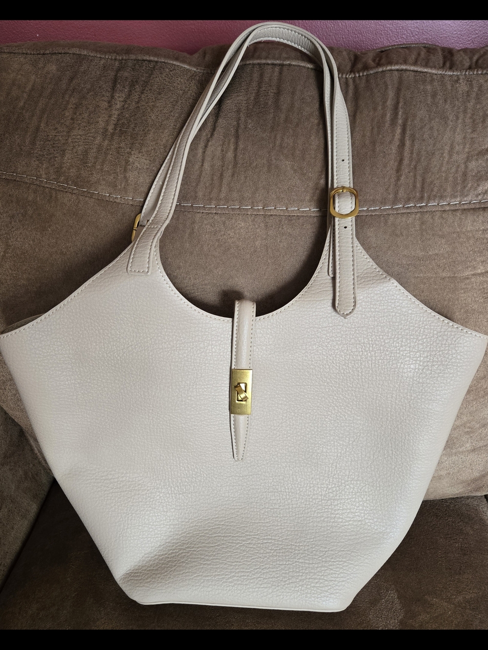 Miztique Cream Pebbled Leather Tote with Gold Accent